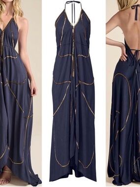 VENUS Navy High Low Maxi Dress with Gold Beaded Accents 1X XL